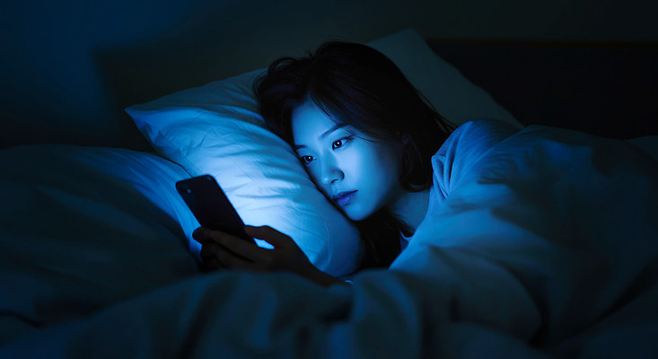 JPG 편집이미지 여자 휴식 기술 빛 스마트폰 디지털 스크린 정보 침대 밤 집중 소통 불면증 의료성형뷰티 편집실사 AI인물포토 AI콘텐츠 가구 컨셉 사람 핸드폰 스마트기기 견과류 질병 CG 파일형식 AI포토