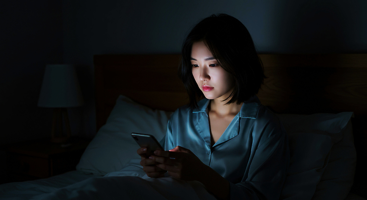 JPG 편집이미지 여자 휴식 조명 기술 일상 생활 스마트폰 평화 방 침대 시간 밤 집중 사생활 의료성형뷰티 편집실사 AI인물포토 AI콘텐츠 가구 컨셉 사람 라이프 핸드폰 스마트기기 견과류 CG 파일형식 AI포토