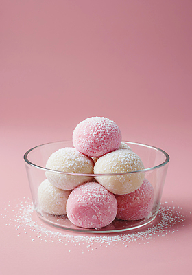 JPG 편집이미지 전통 음식 분홍색 컬러 디저트 떡 요리 흰색 가루 즐거움 담기 유리그릇 찹쌀떡 뷰티풀 맛있는 편집실사 AI포토 AI콘텐츠 그릇 감정 모션 유리 CG 파일형식