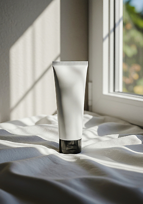 JPG 편집이미지 디자인 일상 뷰티 화장품 매트 흰색 주름 상품 천 창가 크림 튜브 조화 편집실사 AI포토 AI콘텐츠 컬러 창문 라이프 직물 CG 파일형식