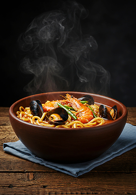 JPG 편집이미지 한식 새우 요리 해물요리 면류 맛 김 해산물 홍합 국물 볶음면 편집실사 AI포토 AI콘텐츠 음식 컨셉 어패류 갑각류 해조류 CG 파일형식