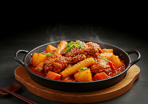 JPG 편집이미지 한식 음식 탁자 감자 요리 닭고기 당근 고명 양념 수증기 깨 레시피 파 편집실사 AI포토 AI콘텐츠 가구 채소 식재료 뿌리채소 육류 조미료 CG 파일형식