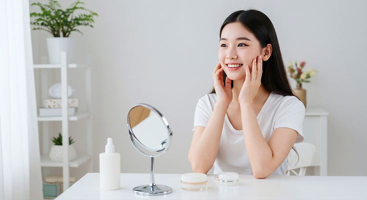 JPG 편집이미지 여자 아침 건강 반짝임 화장 뷰티 화장품 편안함 피부 즐거움 화장대 스킨케어 의료성형뷰티 편집실사 AI인물포토 AI콘텐츠 주간 감정 가구 모션 사람 신체부위 감각 CG 파일형식 AI포토