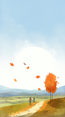 JPG 나무 감정 컬러 여행 일러스트 자연 하늘 산 풍경 여러명 햇빛 평화 탐험 가을 저녁 오솔길 일과 조화 동행 국내일러스트 AI일러스트 AI콘텐츠 식물 계절 길 다수 컨셉 사람 태양 야간 생태계 파일형식