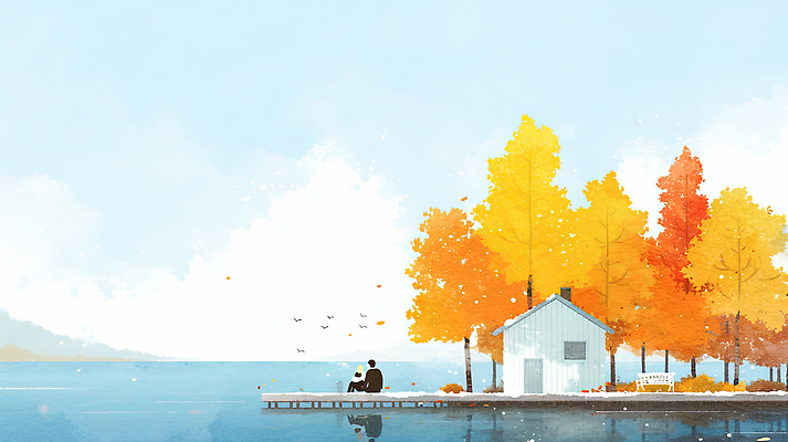 JPG 나무 호수 여유 단풍 일러스트 자연 나뭇잎 주택 대화 사랑 사람 앉기 풍경 평화 일몰 산책 금색 가을 고독 명상 차분 국내일러스트 AI일러스트 AI콘텐츠 식물 계절 감정 컬러 컨셉 잎 모션 휴식 말하기 건물 노을 생태계 파일형식