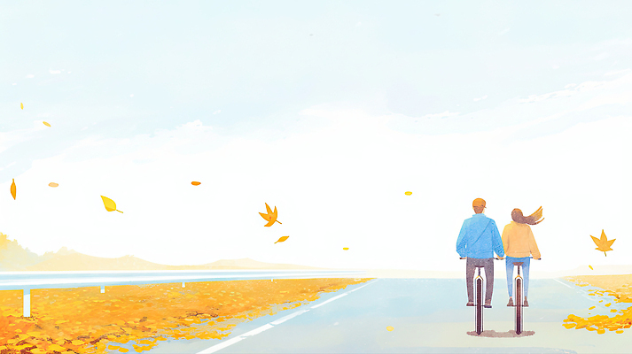 JPG 커플 여자 남자 길 여행 낙엽 일러스트 자연 바람 휴식 함께함 사랑 풍경 소풍 걷기 자전거 금색 가을 틈 추억 국내일러스트 AI일러스트 AI콘텐츠 자연요소 계절 감정 컬러 컨셉 잎 관계 모션 날씨 사람 야외활동 바이크 생태계 파일형식