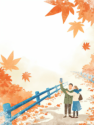 JPG 나무 커플 공원 행복 길 여유 단풍 일러스트 자연 사랑 풍경 초록색 스마트폰 걷기 주황색 가을 셀프카메라 즐거움 뷰티풀 순간 국내일러스트 AI일러스트 AI콘텐츠 식물 계절 공공시설 감정 컬러 잎 관계 모션 핸드폰 스마트기기 사진촬영 생태계 파일형식