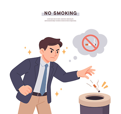상징 일러스트 모션 흡연 담배 건강 경고 사무실 자연보호 환경 청결 금지 분노 쓰레기통 직장인 금연 규칙 공공장소 국내일러스트 AI파일 직업 감정 캠페인 비즈니스 자연 장소 보호 위생 사회이슈 파일형식 벡터