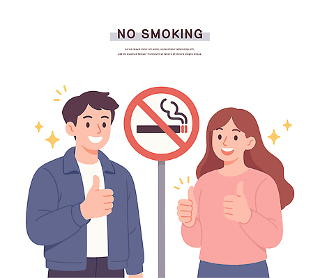 라이프스타일 여자 남자 캠페인 일러스트 모션 협력 흡연 건강 웃음 환경 청결 엄지손가락 금지 선택 금연 긍정적 동의 정책 국내일러스트 AI파일 감정 컨셉 손가락 담배 표정 사람 생활 위생 사회이슈 파일형식 벡터