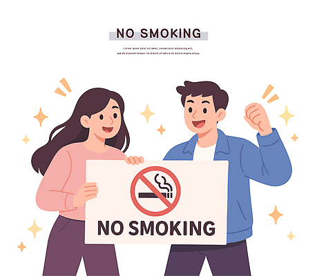 일러스트 커뮤니케이션 흡연 담배 건강 경고 웃음 여러명 두명 손들기 환경 표지판 메시지 친환경 금연 공공장소 참여 국내일러스트 AI파일 캠페인 다수 모션 알림판 표정 사람 장소 사회이슈 파일형식 벡터