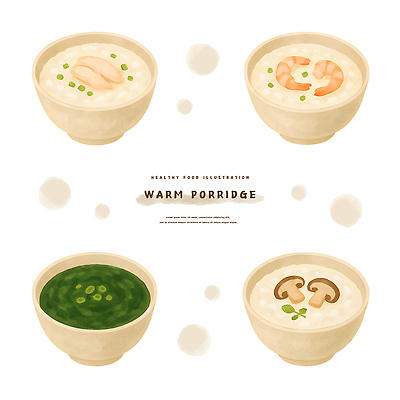 PSD 그릇 한식 음식 일러스트 재료 식탁 새우 식사 닭고기 버섯 아침식사 죽 레시피 시금치 건강식 간편조리식품 국내일러스트 영양군 식기 채소 탁자 육류 갑각류 경상북도 파일형식