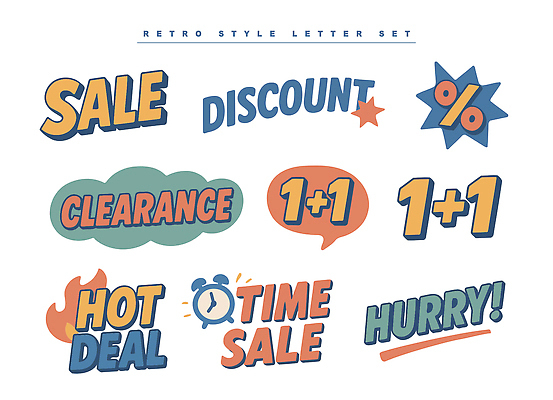 디자인 컬러 일러스트 텍스트 이벤트 쇼핑 세일 상점 매력적 거래 고객 알림 즐거움 복고 마케팅 프로모션 국내일러스트 AI파일 감정 컨셉 파일형식 벡터