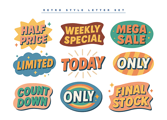 문자 디자인 백그라운드 일러스트 텍스트 이벤트 그래픽 쇼핑 컬러풀 유행 세일 상점 매력적 구매 고객 알림 복고 마케팅 국내일러스트 AI파일 컬러 컨셉 파일형식 벡터