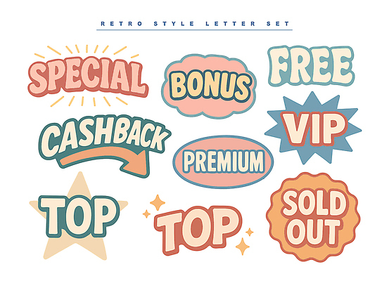 디자인 컬러 일러스트 세트 판매 알림 복고 VIP 마케팅 보너스 프리미엄 스타일 혜택 캐시백 국내일러스트 AI파일 금융 파일형식 벡터