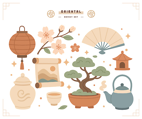 전통 디자인 꽃 문화 예술 일러스트 자연 주전자 장식 정원 공간 랜턴 부채 차 오브젝트 그림 조화 분재 국내일러스트 AI파일 나무 식물 음료 주방용품 조명 생태계 파일형식 벡터