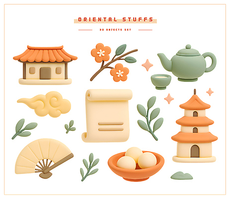 PSD 편집이미지 전통 디자인 꽃 문화 건물 탑 팬 찻주전자 두루마리 배열 입체 오브젝트 뷰티풀 편집3D 식물 건축물 주전자 3D 파일형식