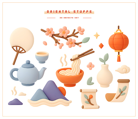 PSD 편집이미지 전통 디자인 꽃 문화 주전자 산 장식 세트 랜턴 팬 오브젝트 국수 그림 조화 편집3D 식물 음식 주방용품 조명 3D 면류 파일형식