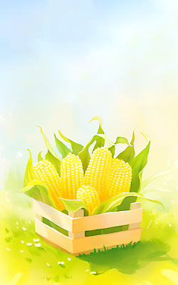 JPG 식물 컬러 농업 일러스트 자연 옥수수 풍경 여름 농작물 햇빛 환경 농사 수확 시골 신선 나무상자 국내일러스트 AI일러스트 AI콘텐츠 계절 산업 곡류 상자 태양 생태계 파일형식