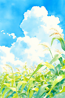 JPG 식물 구름 일러스트 자연 하늘 생명 바람 곡류 풍경 여름 파란색 햇빛 태양 농장 농사 목초지 금색 성장 농촌 생태계 국내일러스트 AI일러스트 AI콘텐츠 자연요소 계절 컬러 농업 날씨 목장 시골 파일형식 초원_자연