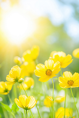 JPG 식물 편집이미지 화초 꽃밭 자연 풍경 여름 햇빛 즐거움 파란배경 만개 뷰티풀 편집실사 AI포토 AI콘텐츠 계절 꽃 감정 백그라운드 파란색 태양 CG 생태계 파일형식