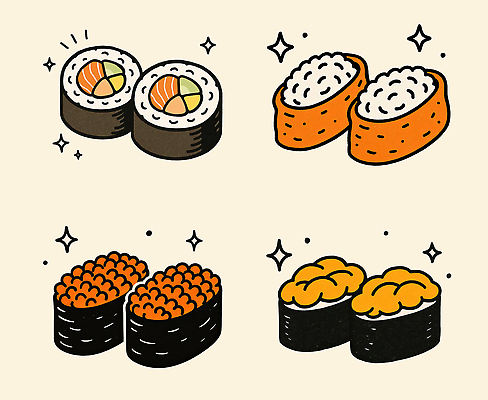 PSD 음식 컬러 일러스트 디저트 요리 식사 초밥 게 맛 해산물 롤 연어 일본음식 국내일러스트 컨셉 갑각류 어류 파일형식