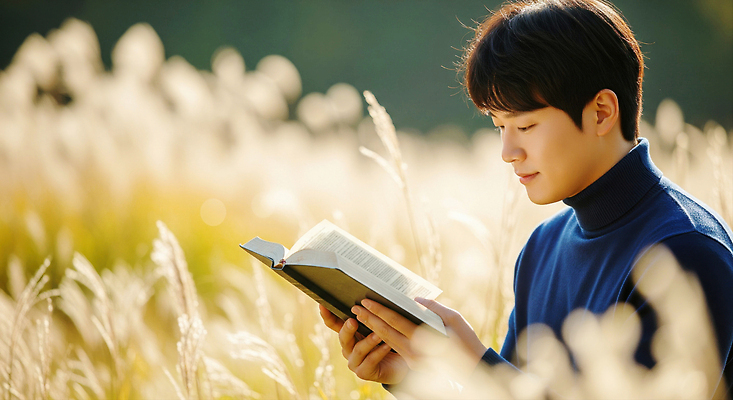 JPG 편집이미지 남자 행복 여유 모션 자연 초원 책 청춘 독서 햇빛 고요 편안함 집중 의료성형뷰티 편집실사 AI인물포토 AI콘텐츠 감정 컨셉 사람 태양 감각 CG 생태계 파일형식 AI포토