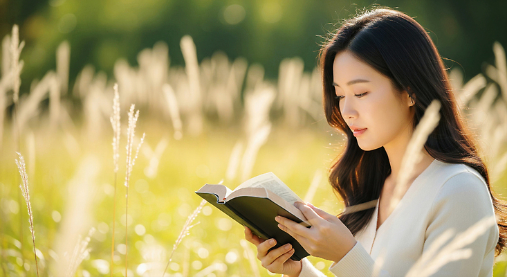 JPG 편집이미지 여자 여유 모션 자연 풍경 초원 야외 책 독서 햇빛 평화 시간 뷰티풀 의료성형뷰티 편집실사 AI인물포토 AI콘텐츠 감정 컨셉 사람 태양 CG 생태계 파일형식 AI포토