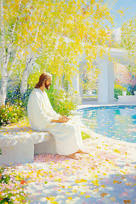 JPG 나무 꽃잎 여유 분홍색 컬러 일러스트 자연 풍경 햇빛 노란색 평화 정원 고요 기도 예수 뷰티풀 수원 국내일러스트 AI일러스트 AI콘텐츠 식물 꽃 감정 컨셉 태양 신_종교 생태계 경기도 파일형식