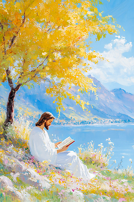 JPG 꽃 기독교 종교 일러스트 자연 하늘 산 풍경 독서 평화 성경 고요 가을 물가 예수 추억 그림 국내일러스트 AI일러스트 AI콘텐츠 식물 계절 컨셉 종교용품 신_종교 생태계 파일형식