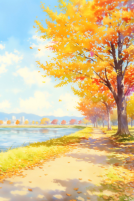 JPG 나무 계절 물결 컬러 일러스트 자연 하늘 날씨 풍경 햇빛 평화 걷기 산책 가을 강가 편안함 뷰티풀 오후 차분 국내일러스트 AI일러스트 AI콘텐츠 식물 컨셉 모션 휴식 강 태양 감각 생태계 파일형식