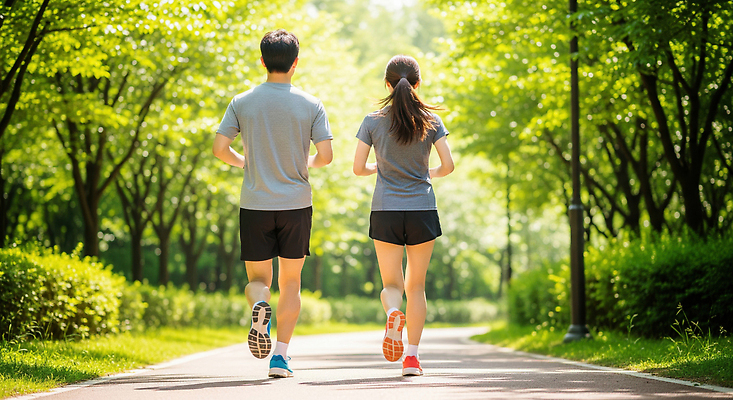 JPG 나무 편집이미지 공원 길 스포츠 자연 건강 두명 운동복 조깅 운동 햇빛 활발 산책로 오후 의료성형뷰티 편집실사 AI인물포토 AI콘텐츠 식물 옷 공공시설 컨셉 사람 태양 CG 생태계 파일형식 AI포토