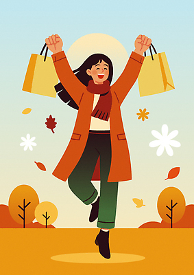 나무 여자 패션 행복 컬러 포즈 일러스트 자연 날씨 나뭇잎 거리 밝음 웃음 쇼핑 쇼핑백 기쁨 가을 즐거움 외출 활기 조화 국내일러스트 AI파일 식물 계절 감정 컨셉 잎 가방 표정 사람 생태계 파일형식 벡터