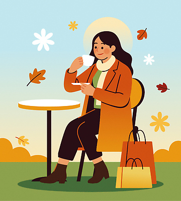 여자 패션 꽃 여유 커피 음료 가방 일러스트 자연 휴식 나뭇잎 풍경 야외 일상 쇼핑 카페 코트 발코니 가을 즐거움 뷰티풀 국내일러스트 AI파일 식물 잡화 계절 감정 컨셉 잎 사람 라이프 상점 외투 생태계 파일형식 벡터