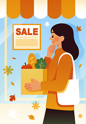 여자 음식 빵 백그라운드 생각 채소 과일 일러스트 쇼핑 쇼핑백 세일 상점 가을 시장 소비 구매 즐거움 고민 쌈채소 국내일러스트 AI파일 계절 감정 가방 사람 파일형식 벡터