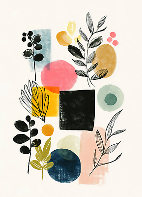 JPG 자연요소 모양 꽃 예술 컬러 패턴 일러스트 나뭇잎 미술 그래픽 장식 사각형 원형 그림 조화 벽장식 국내일러스트 AI일러스트 AI콘텐츠 도형 식물 잎 무늬 문화예술 파일형식