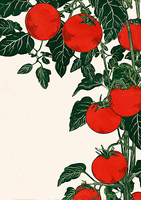 JPG 식물 농업 토마토 채소 과일 일러스트 자연 건강 빨간색 여름 파란색 농작물 햇빛 정원 수확 유기농 원예 자연산 국내일러스트 AI일러스트 AI콘텐츠 웰빙 계절 산업 컬러 취미 태양 생태계 파일형식