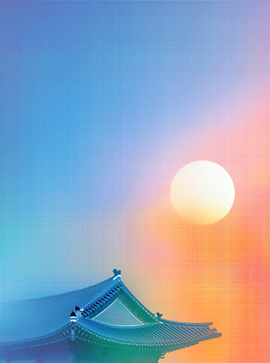 JPG 전통 건축 문화 컬러 일러스트 자연 하늘 아침 한옥 한국 풍경 햇빛 태양 평화 일출 고요 그림 조화 뷰티풀 국내일러스트 AI일러스트 AI콘텐츠 주간 자연요소 한국전통 아시아 컨셉 고건축 노을 생태계 파일형식