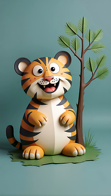 JPG 나무 동물 편집이미지 캐릭터 디자인 인형 컬러 자연 놀이 웃음 장식 장난감 귀여움 호랑이 페이퍼아트 생동감 편집실사 편집3D AI컴퓨터그래픽 AI콘텐츠 식물 컨셉 포유류 표정 3D CG 생태계 파일형식