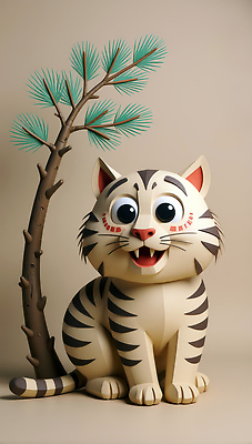JPG 동물 편집이미지 캐릭터 디자인 컬러 웃음 앉기 장식 귀여움 표현 소나무 페이퍼아트 작품 백호 편집실사 편집3D AI컴퓨터그래픽 AI콘텐츠 나무 컨셉 모션 표정 미술 3D 호랑이 CG 파일형식 사방신