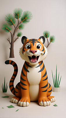 JPG 나무 동물 편집이미지 캐릭터 컬러 웃음 장식 조형물 귀여움 호랑이 페이퍼아트 개구쟁이 즐거움 생동감 접착풀 편집실사 편집3D AI컴퓨터그래픽 AI콘텐츠 식물 감정 컨셉 포유류 문구용품 표정 미술 3D 풀_접착제 CG 파일형식