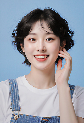 JPG 편집이미지 헤어스타일 여자 백그라운드 티셔츠 장신구 미소 웃음 파란색 뷰티 편안함 의료성형뷰티 편집실사 AI인물포토 AI콘텐츠 컬러 셔츠 표정 사람 감각 CG 파일형식 AI포토
