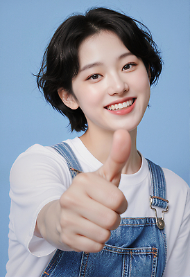 JPG 모델 편집이미지 패션 표정 웃음 소녀 파란색 뷰티 촬영 엄지손가락 즐거움 긍정 의료성형뷰티 스타일 편집실사 AI인물포토 AI콘텐츠 여자 감정 어린이 컬러 컨셉 손가락 CG 파일형식 AI포토