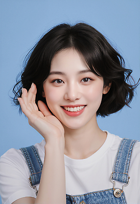 JPG 편집이미지 여자 포즈 미소 청춘 사진촬영 즐거움 파란배경 소통 뷰티풀 의료성형뷰티 스타일 편집실사 AI인물포토 AI콘텐츠 감정 백그라운드 컨셉 표정 사람 파란색 촬영 CG 파일형식 AI포토