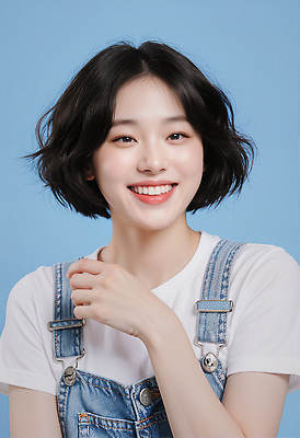 JPG 편집이미지 행복 포즈 티셔츠 표정 미소 손짓 캐주얼 청바지 파란배경 오버롤 의료성형뷰티 스타일 편집실사 AI인물포토 AI콘텐츠 옷 감정 백그라운드 셔츠 바지 모션 파란색 CG 파일형식 AI포토