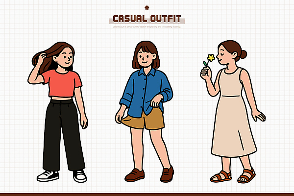 캐릭터 드레스 옷 여자 패션 꽃 컬러 포즈 일러스트 반바지 일상 캐주얼 여름 반팔티셔츠 편안함 심플 긴바지 스타일 국내일러스트 AI파일 식물 계절 티셔츠 바지 사람 라이프 감각 파일형식 벡터