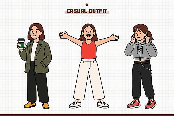 디자인 옷 여자 패션 감정 커피 컬러 포즈 일러스트 모션 웃음 일상 캐주얼 세트 유행 다양 편안함 조화 스타일 국내일러스트 AI파일 음료 다수 표정 사람 라이프 감각 파일형식 벡터