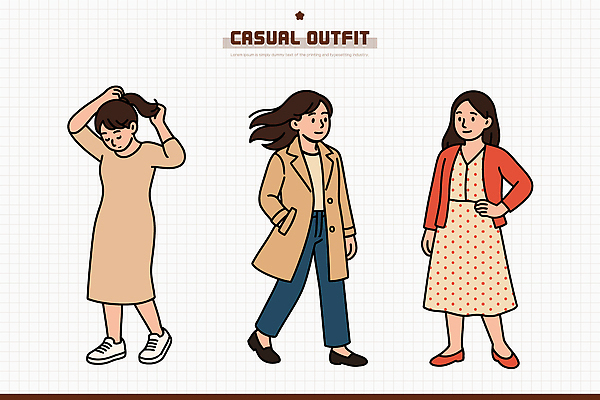 모델 디자인 옷 여자 패션 컬러 포즈 일러스트 일상 캐주얼 세트 유행 감각 편안함 조화 패션쇼 스타일 국내일러스트 AI파일 사람 라이프 쇼 파일형식 벡터