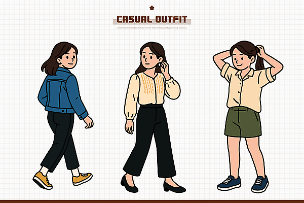 모델 디자인 옷 여자 패션 신발 상의 일러스트 장신구 바지 바닥 일상 캐주얼 치마 유행 외투 매력적 조화 스타일 국내일러스트 AI파일 컨셉 하의 사람 라이프 파일형식 벡터