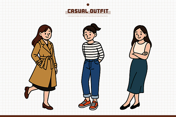 캐릭터 디자인 옷 여자 패션 예술 컬러 일러스트 그래픽 캐주얼 치마 유행 청바지 트렌치코트 코디 스타일 국내일러스트 AI파일 바지 하의 사람 코트 파일형식 벡터