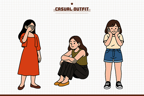 모델 디자인 드레스 옷 여자 패션 컬러 포즈 티셔츠 일러스트 표정 캐주얼 유행 촬영 청바지 오브젝트 그림 개성 스타일 국내일러스트 AI파일 셔츠 바지 사람 파일형식 벡터